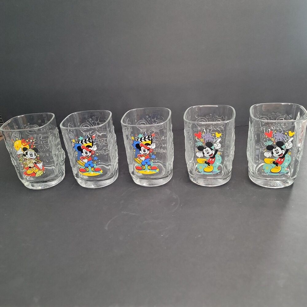 Vtg Disney World 2000 Millennium Glasses McDonalds Mickey Mouse Lot of 5 Set
